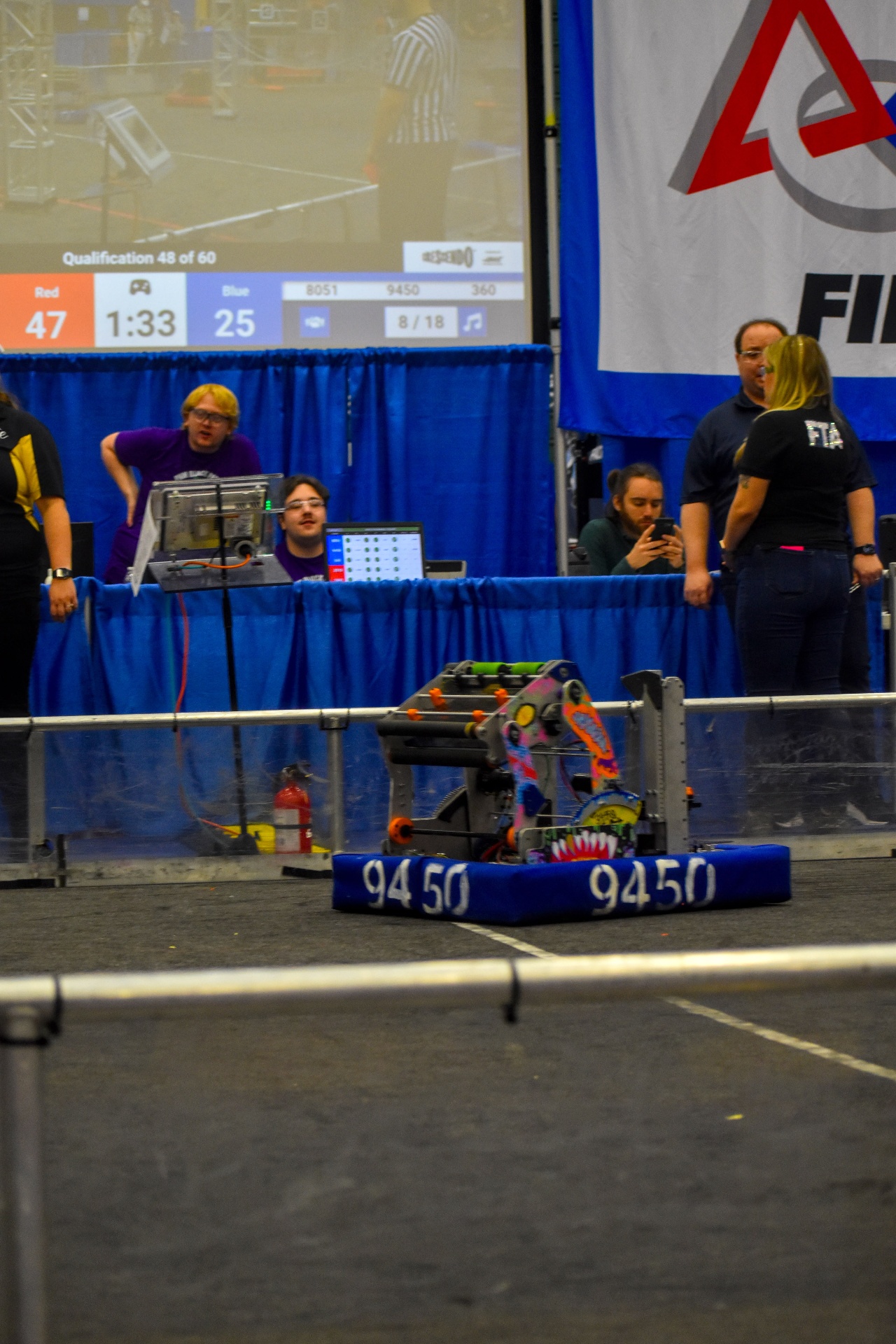 Genghis Khan, the 2024 Crescendo offseason robot, on the field during a qualification match